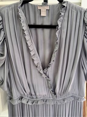 H&M Satin Frill Tiered Drape Midi Dress in the dusky blue / grey colorway